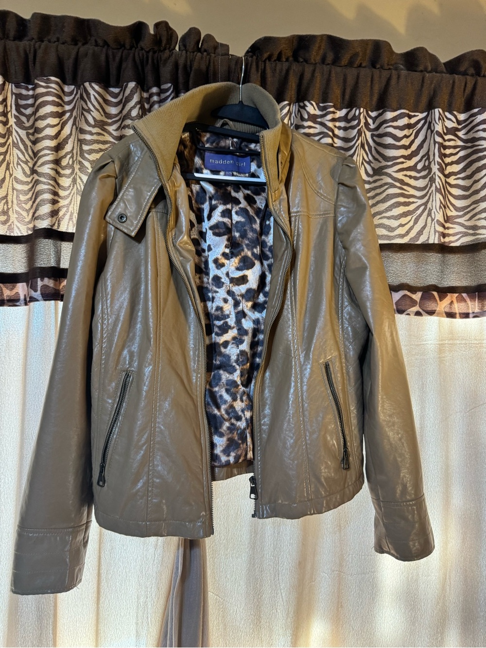 Madden Girl Olive Faux Leather Moto Jacket with Leopard Trim